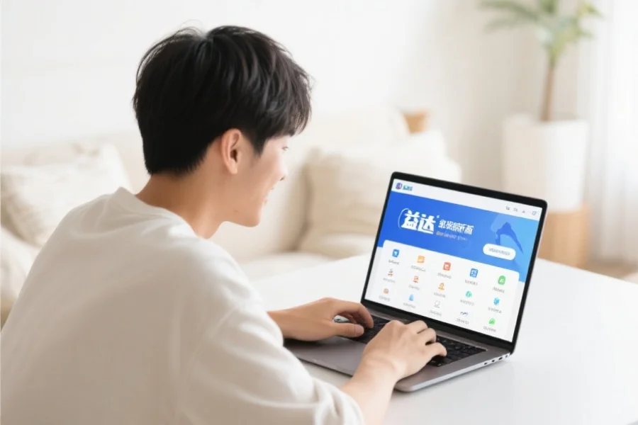 一位年轻用户在明亮舒适的室内环境中愉快地使用笔记本电脑，屏幕上展示风暴客户端新版界面